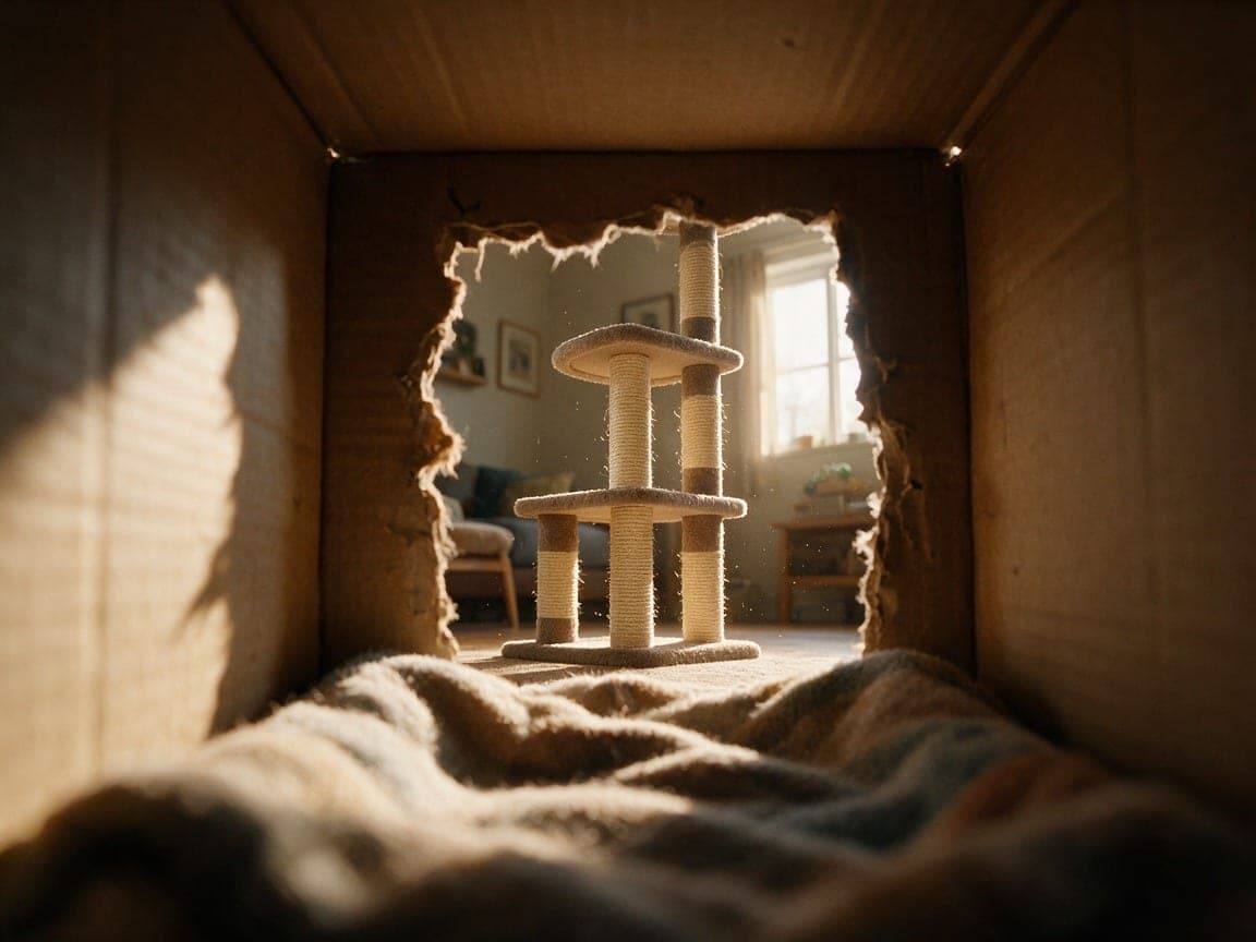A cat sitting inside a battered cardboard box beside an untouched multi-tiered cat scratching post.