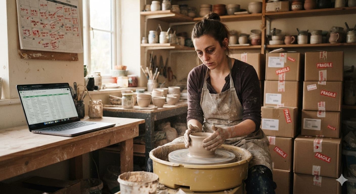 A woman in a clay-streaked apron shapes a pot on a wheel in a cluttered studio, with a laptop showing a spreadsheet, a marked-up wall calendar and stacked boxes labelled fragile around her.
