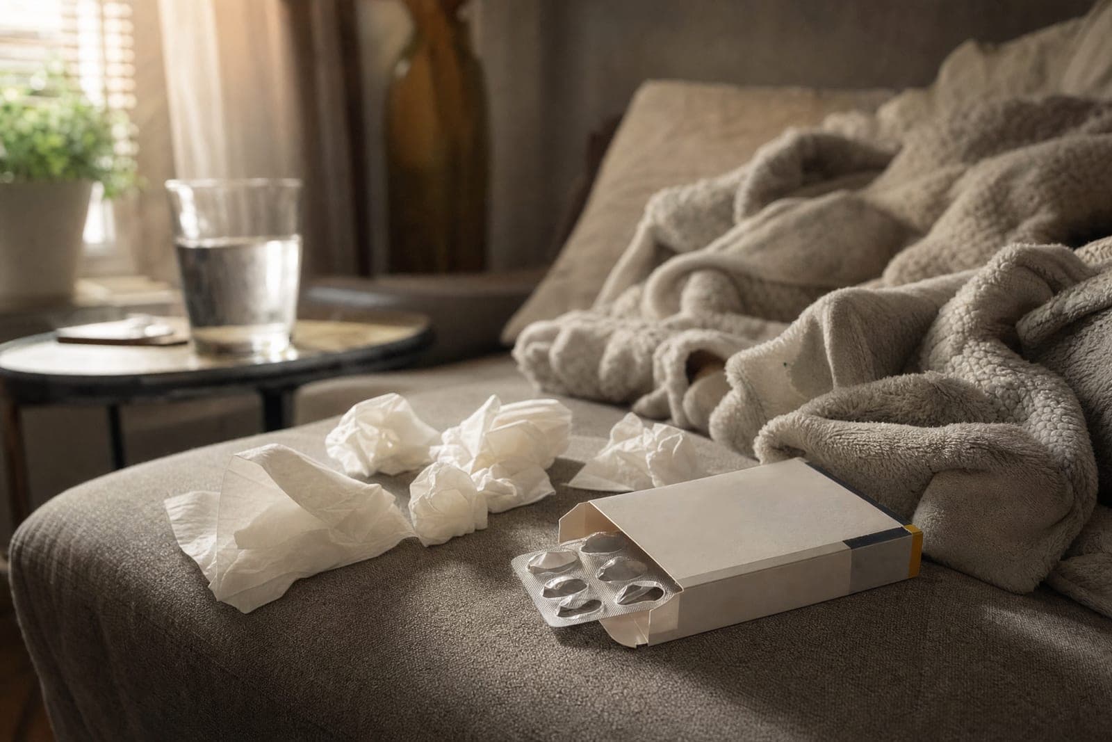 Used tissues scattered on a couch cushion beside a box of cold and flu tablets lying on its side with its blister pack pushed out, a rumpled blanket bunched up behind them and a half-empty glass of water on a side table in the background.