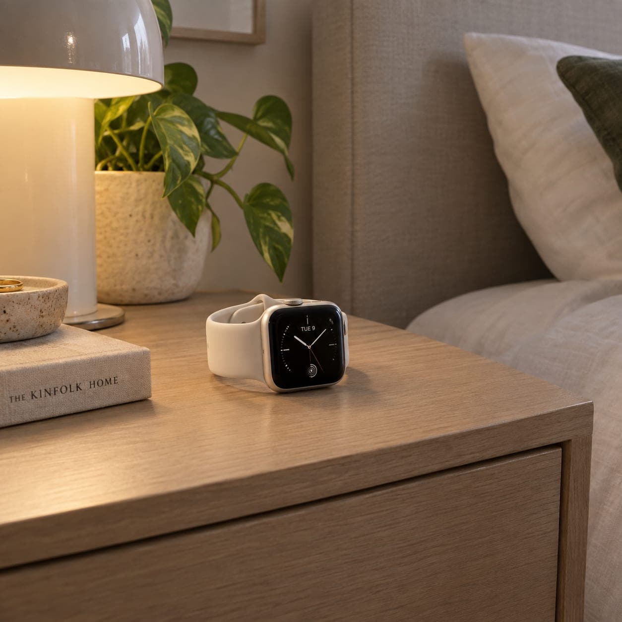 A white-strapped smartwatch lying on a wooden bedside table beside a lit lamp, a pot plant and a stack of books, with a bed in the background.