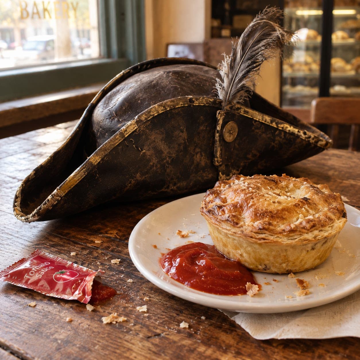 A weathered tricorn hat with a feather beside a baked pie on a plate with tomato sauce, on a wooden bakery table.