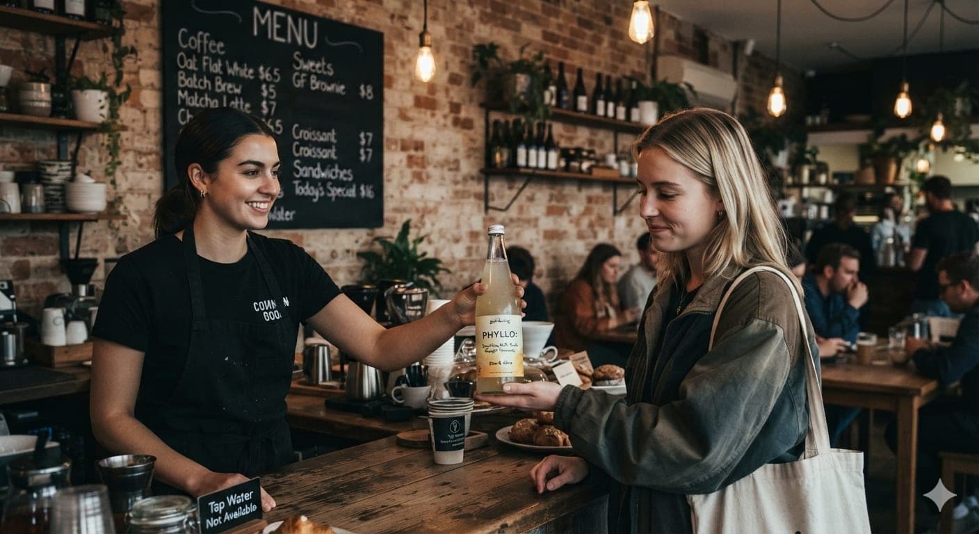 A smiling barista in a black apron hands a bottle of pale fizzy drink across a timber counter to a customer with a tote bag, in a busy brick-walled café with a small sign reading Tap Water Not Available.