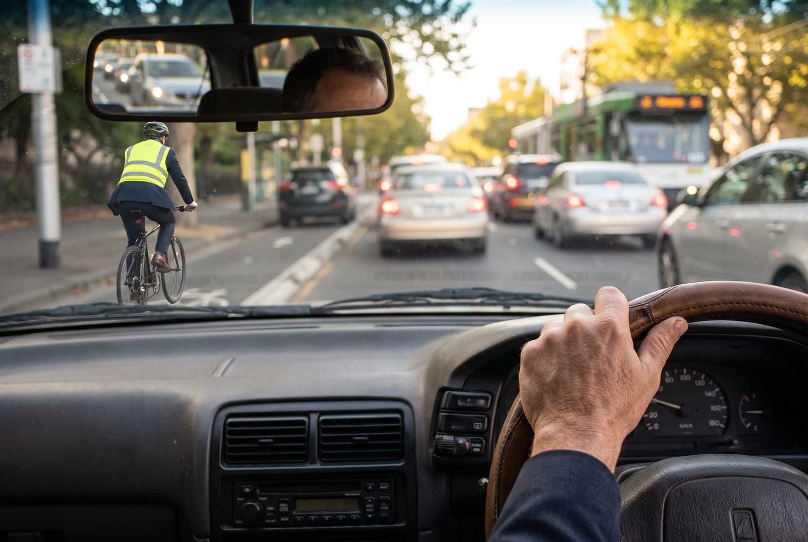 The view from a driver's seat in stalled peak-hour traffic, a hand on the wheel, as a cyclist in a high-vis vest and helmet rides past on the left.