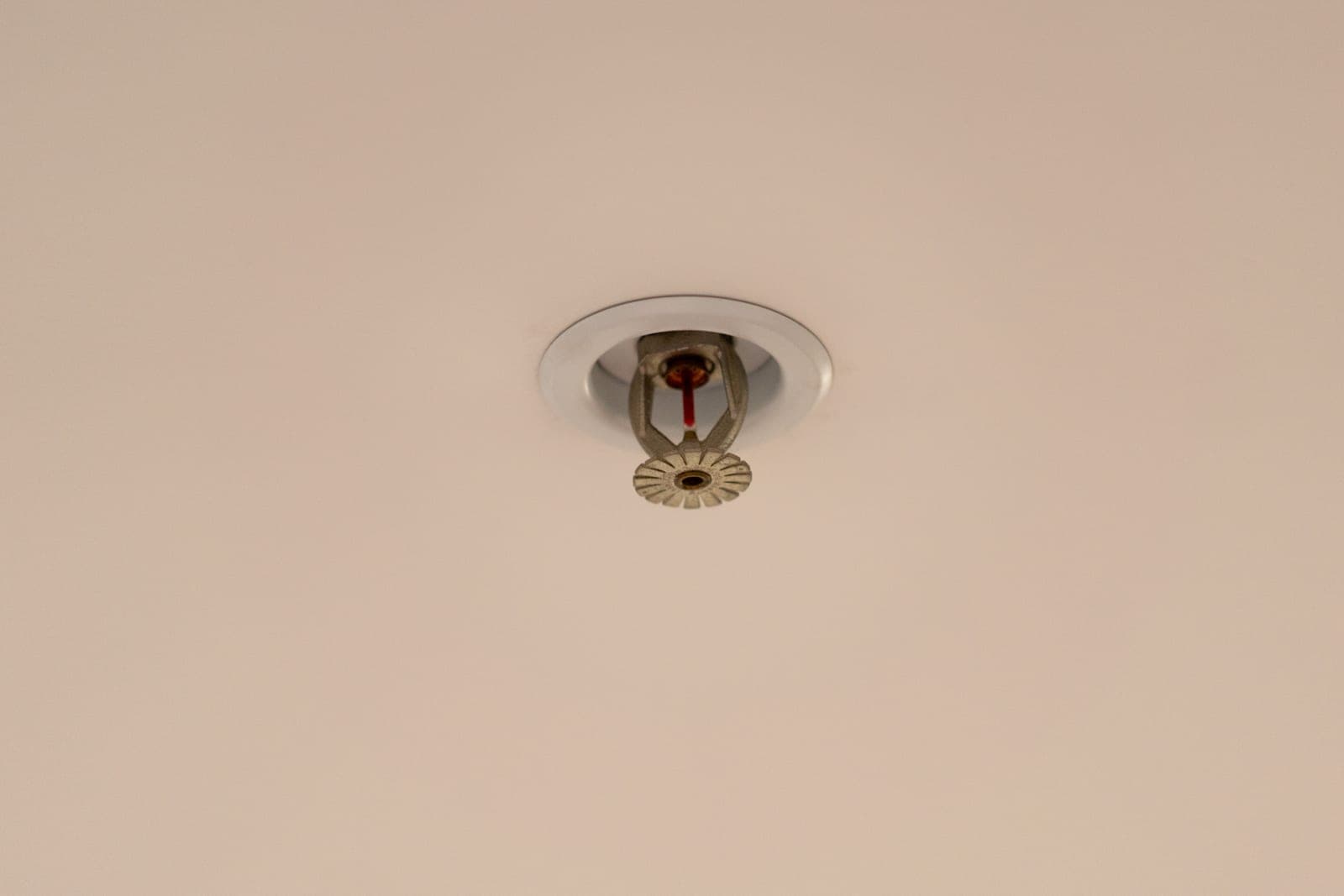 A brass fire sprinkler head set into a plain white ceiling, photographed from below.