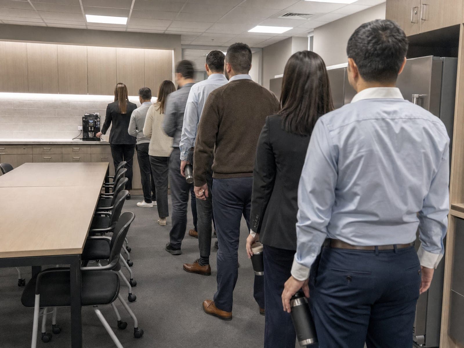 A queue of office workers seen from behind, waiting in an office kitchenette that leads to a single espresso machine, trailing past a long empty meeting table lined with unused chairs