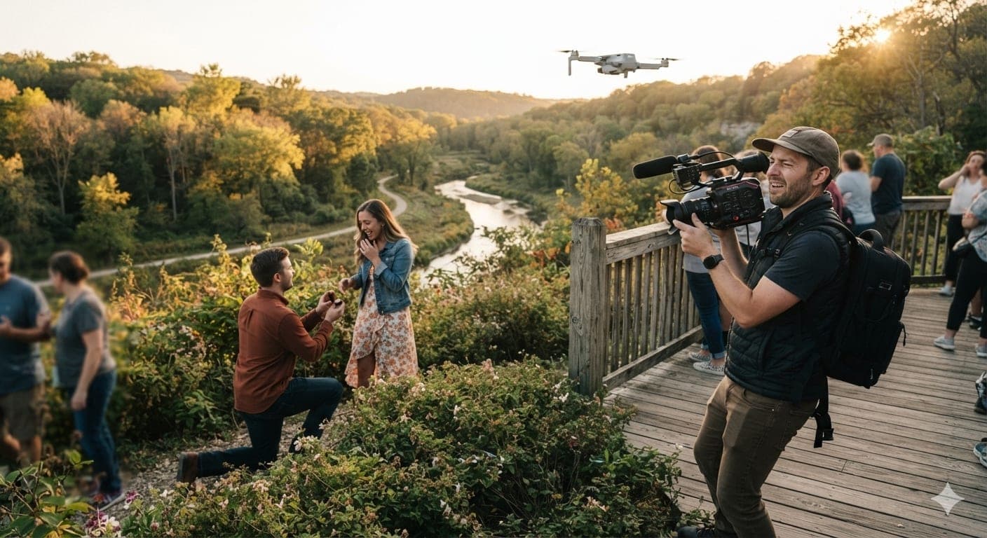 A man in a rust-coloured shirt kneels holding a ring box before a smiling woman in a denim jacket on a leafy creek-side lookout at sunset, while a videographer with a large camera films nearby and a small drone hovers overhead.