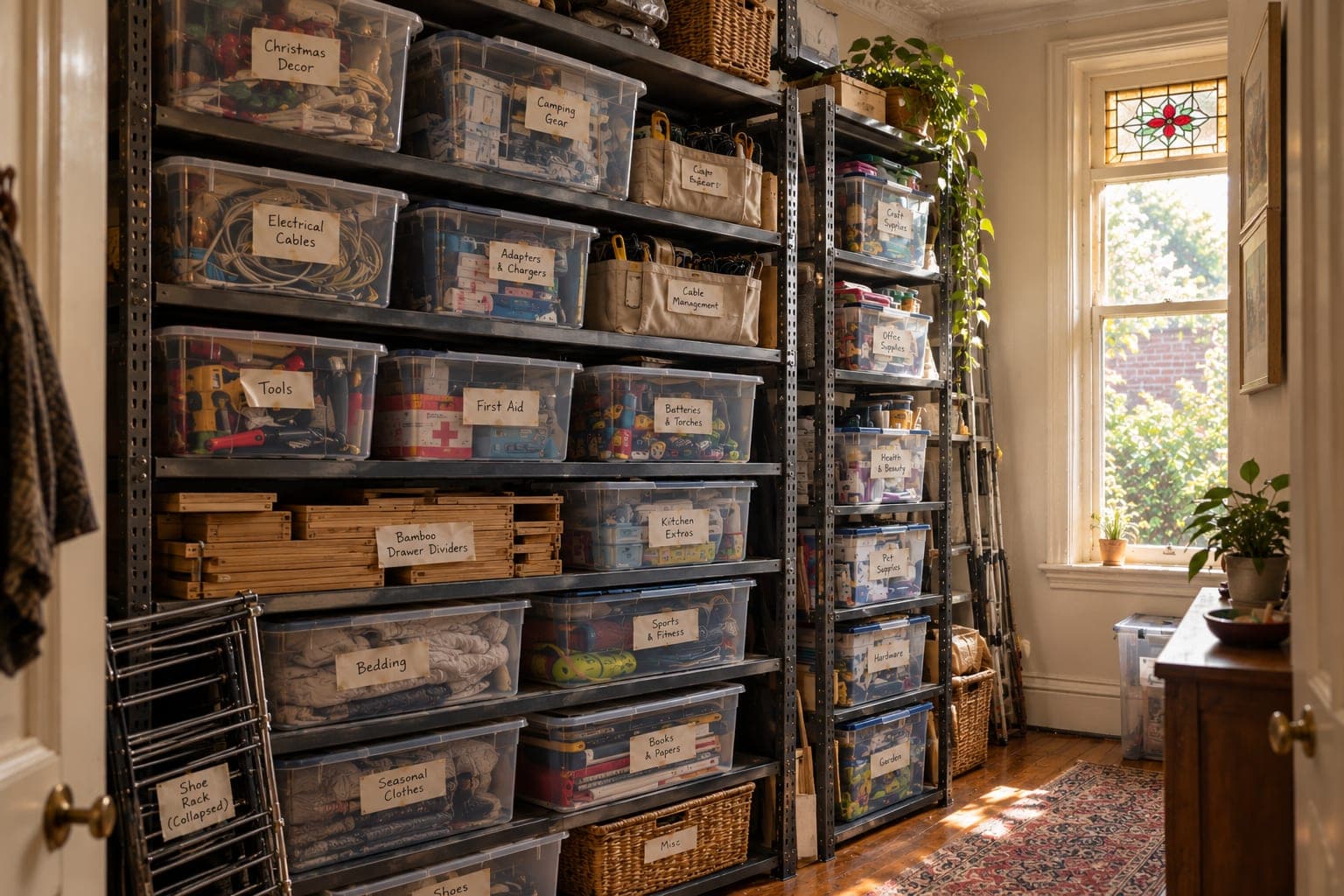 Floor-to-ceiling metal shelving in a room of a Victorian terrace, packed with labelled clear plastic tubs, wicker baskets and a collapsed shoe rack, beside a sunlit sash window.