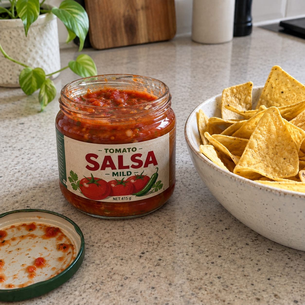 An open jar of mild tomato salsa on a kitchen counter beside its lid and a bowl of corn chips.