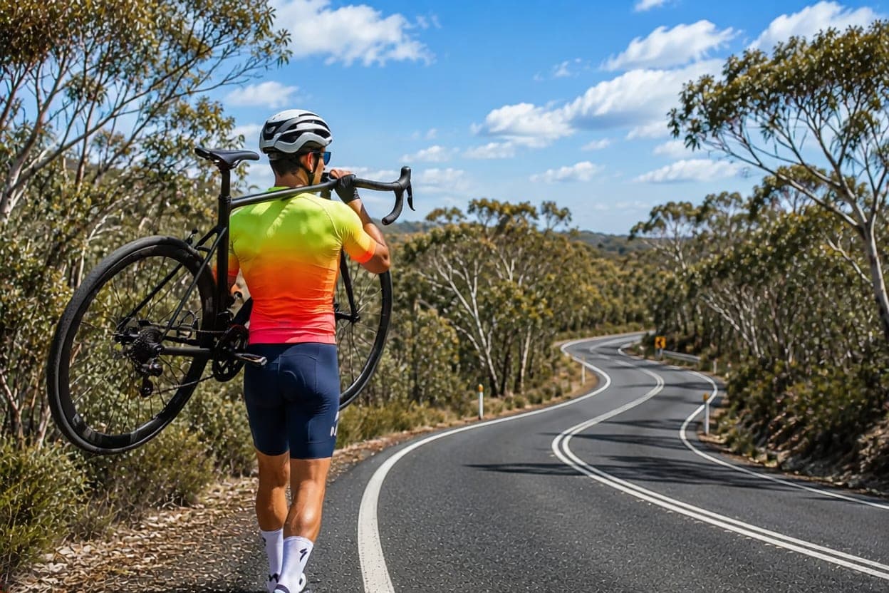 A cyclist in full kit walking along the edge of a bush road with his road bike carried on one shoulder, seen from behind.