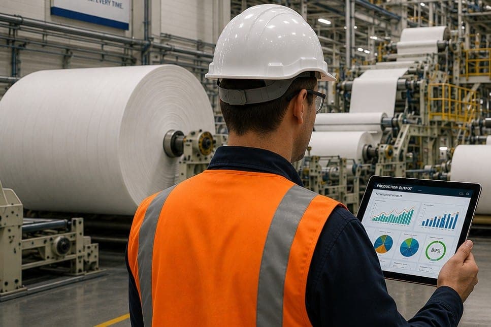 A worker in a hard hat and orange hi-vis vest stands with his back to the camera on the floor of a paper mill, holding a tablet showing production charts, with huge rolls of tissue paper on the machines behind him.