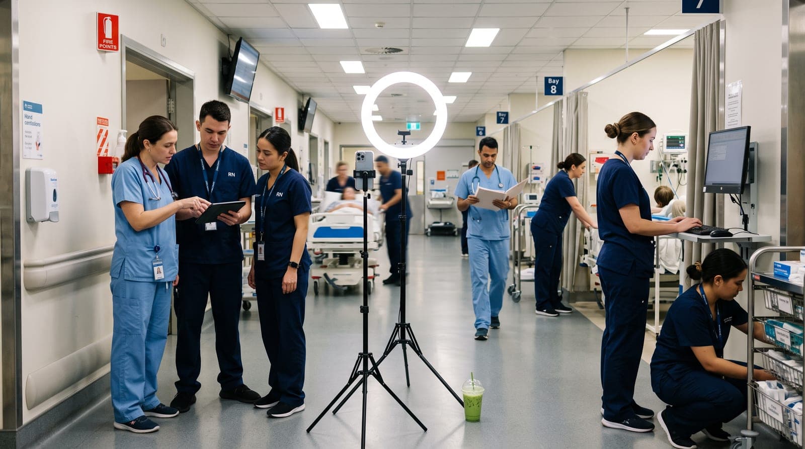 A ring light on a tripod with a phone stands in a busy hospital corridor while nurses and doctors in scrubs work around it, a green drink on the floor beside it.