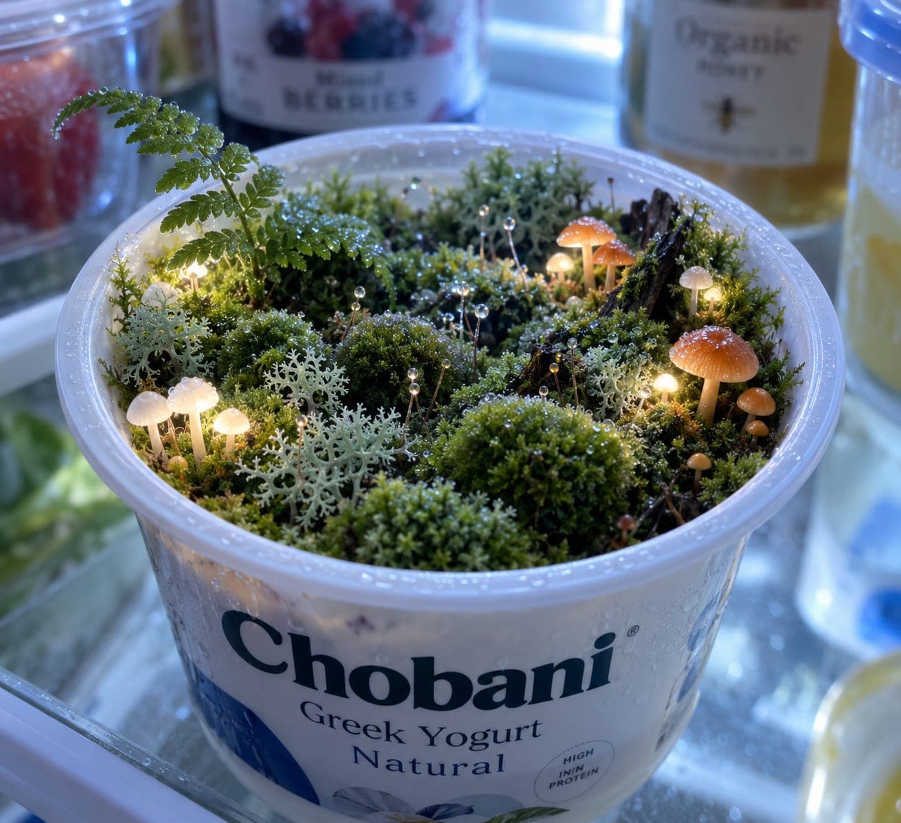 An open yoghurt tub on a fridge shelf, its contents overgrown with moss, ferns and small glowing mushrooms.