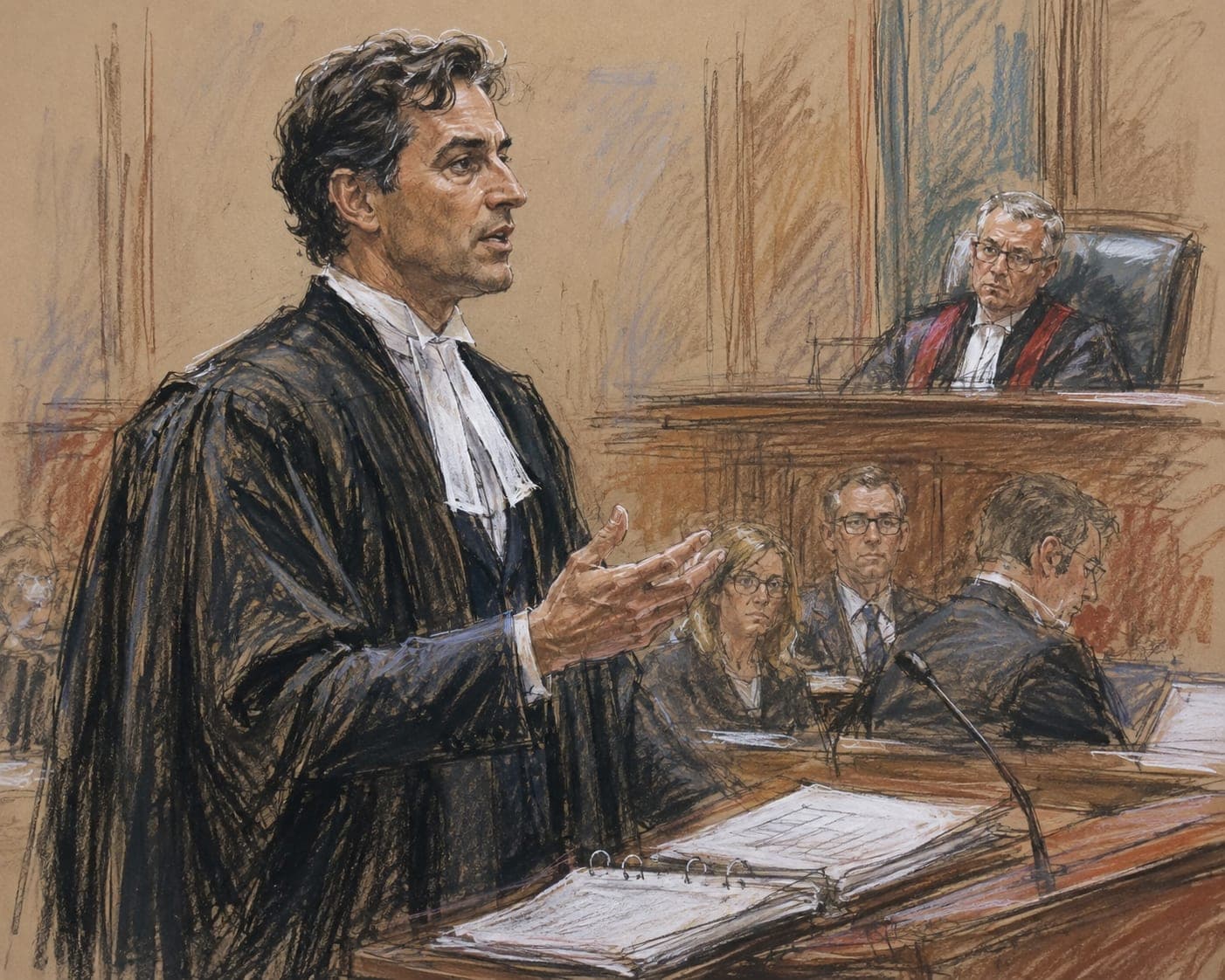 A courtroom sketch of a barrister mid-submission in a black gown and white bands, bare-headed with no wig, a judge in red and black watching from the bench behind and three people seated at the table below.