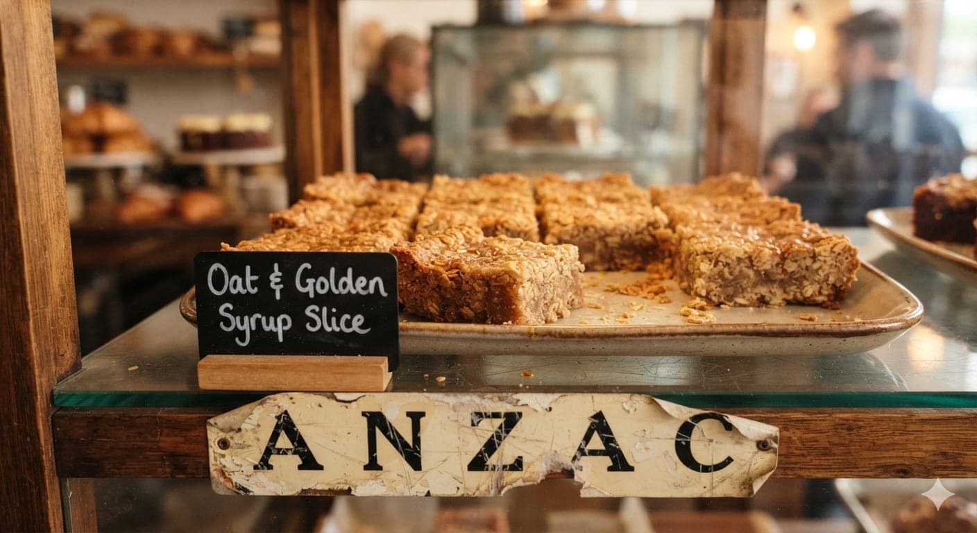 A tray of cut oat slice in a café cabinet with a small chalkboard sign reading Oat and Golden Syrup Slice, above an old painted shelf-edge sign that reads ANZAC.