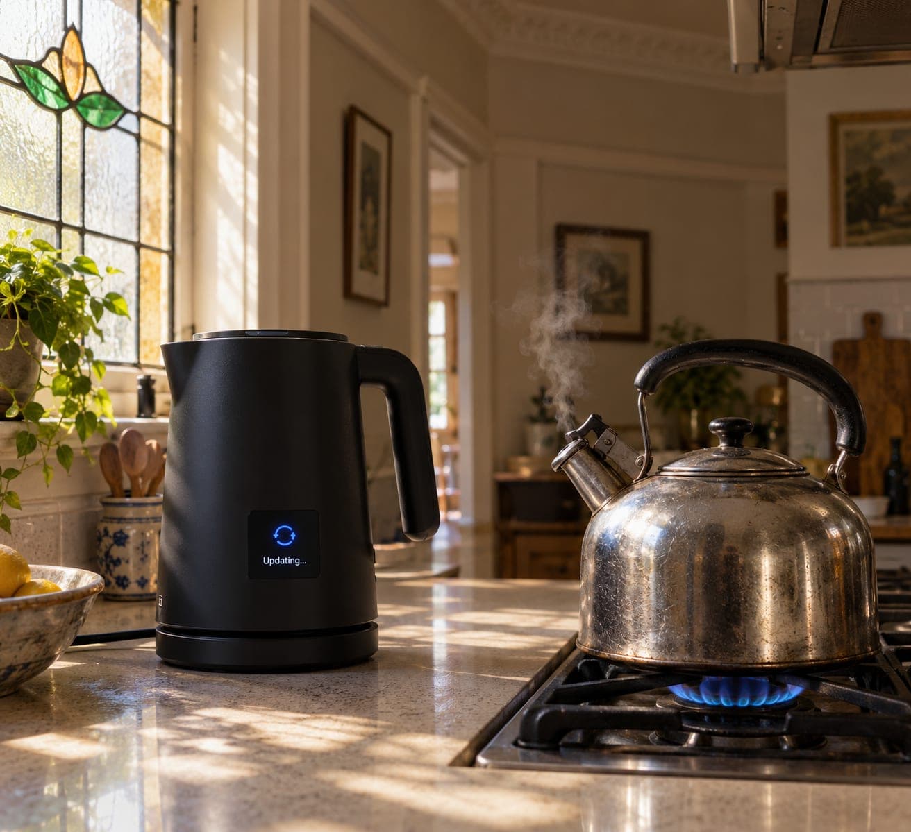 A black smart kettle showing an Updating screen sits on a kitchen bench beside a steaming stovetop kettle on a lit gas burner, with leadlight glass in the window behind.