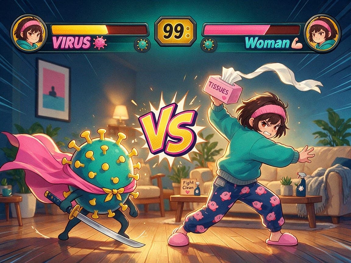 A retro fighting-game versus screen with health bars reading VIRUS and Woman, showing a caped, sword-wielding cartoon virus facing off against an anime-style woman in pyjamas swinging a tissue box, in a living room.