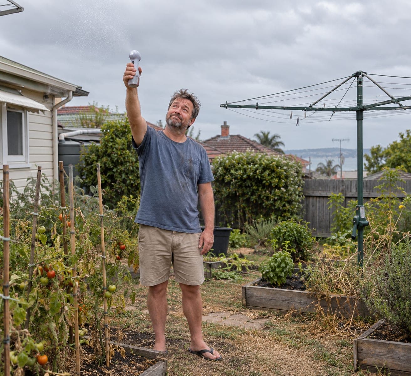 A barefoot man in a blue T-shirt and shorts stands in a dry backyard vegetable garden, holding a small handheld mister above his head under a grey sky, with tomato plants and a rotary clothesline around him.